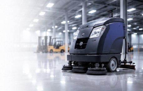 Industrial floor scrubber in a warehouse